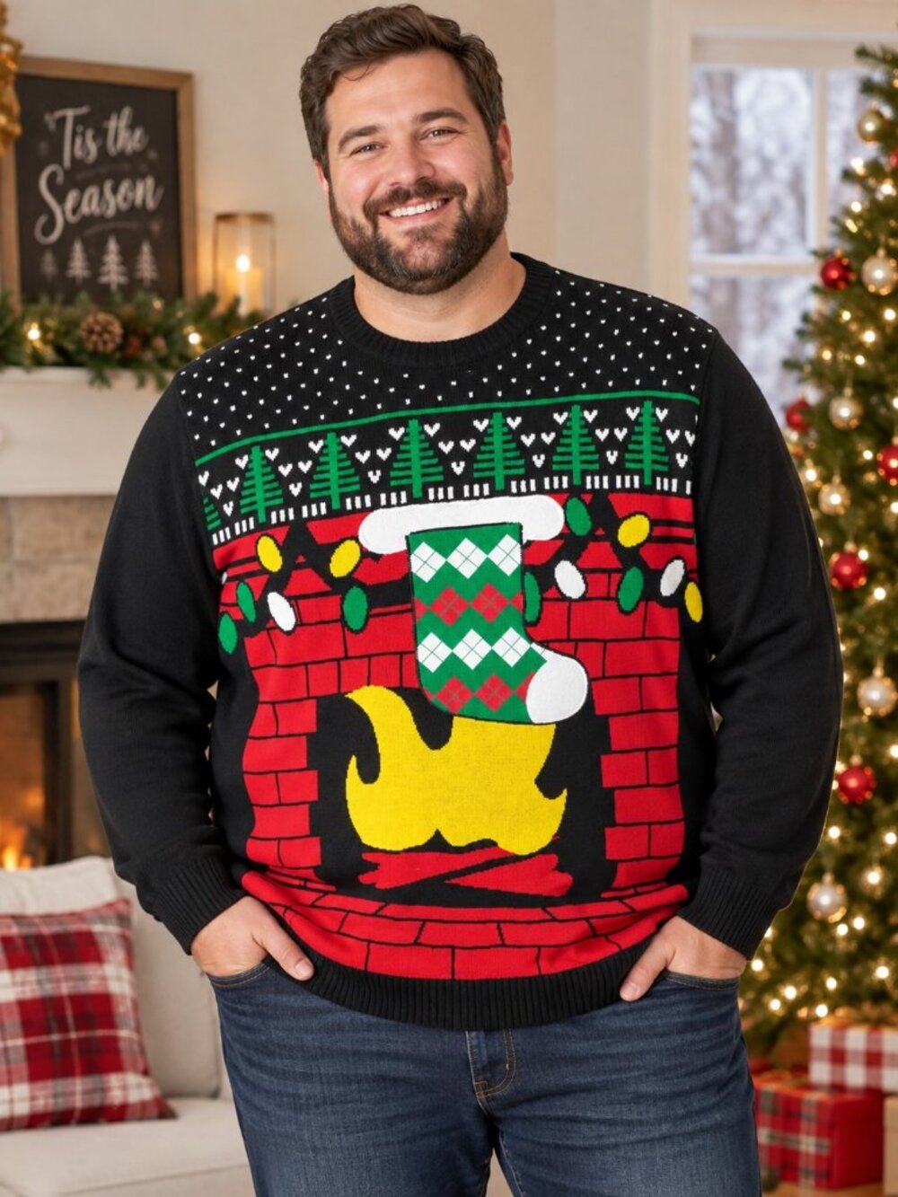 Well Worn Mens XXXLT Ugly Christmas Sweater Fireplace 3D Stocking Black Holiday